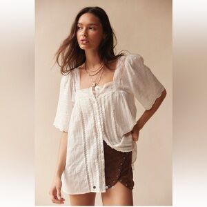 Free People Ivory Lace-Trim Square Neck Peasant Blouse